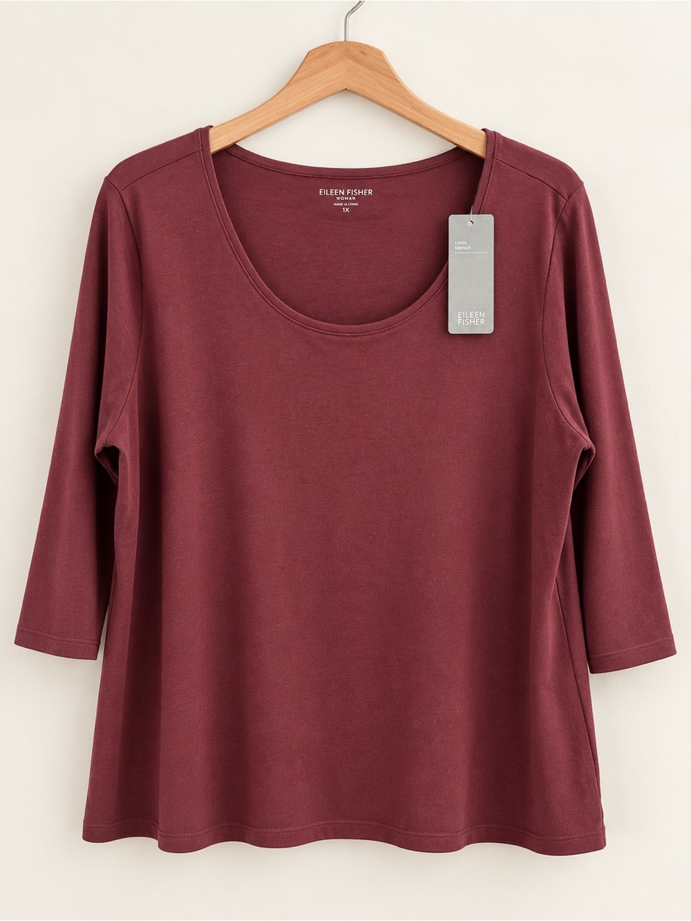 Eileen Fisher Woman Burgundy Cotton Interlock Scoop Neck 3/4 Sleeve Top 1X NWT